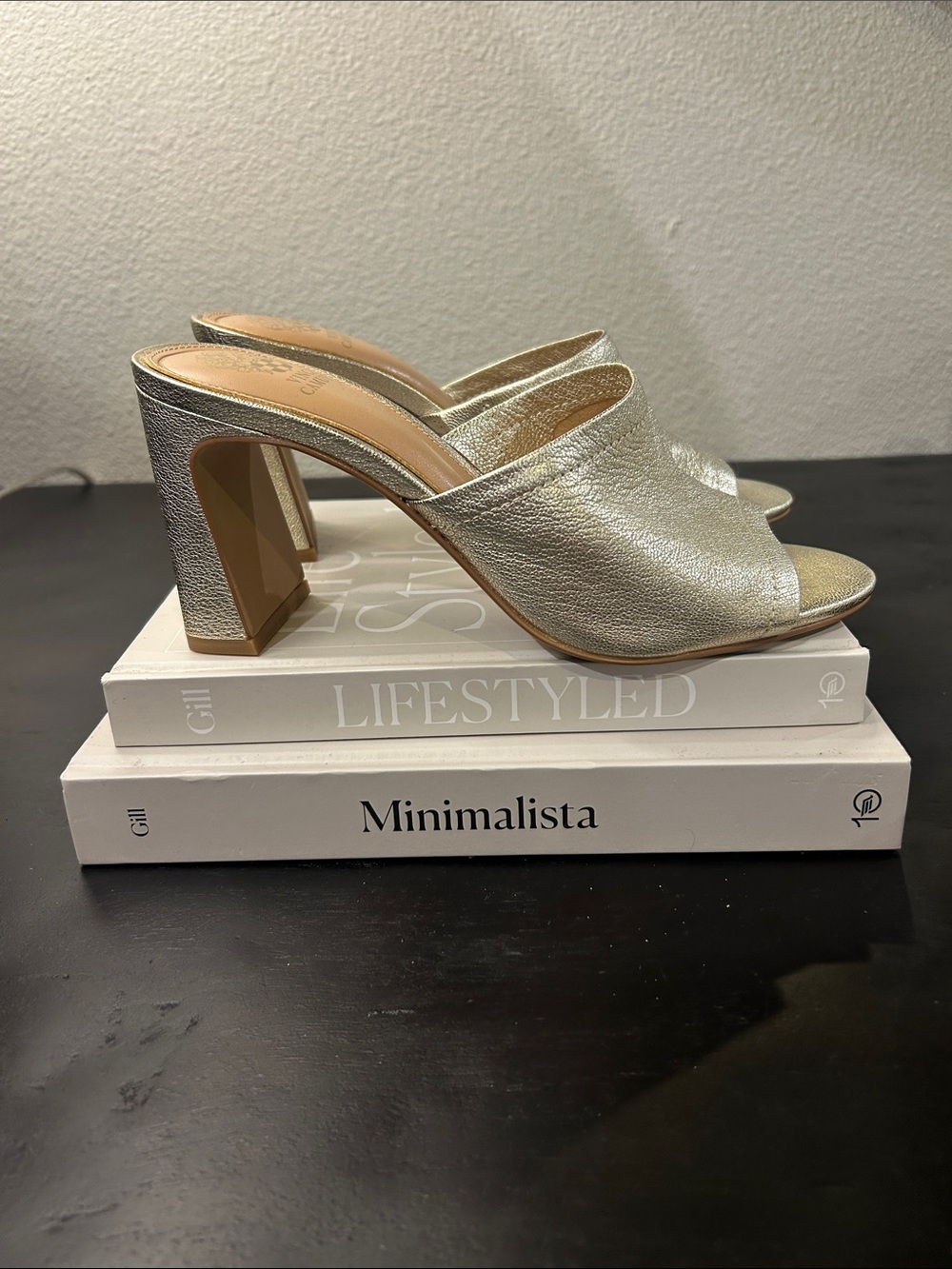 Vince Camuto Metallic Silver Peep-Toe Block Heel Mule